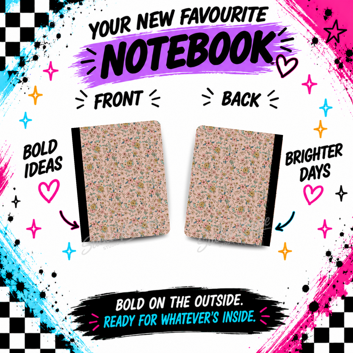 Prairie Bloom composition notebook front and back covers featuring delicate little flowers and leafy sprigs on a blush pink background.