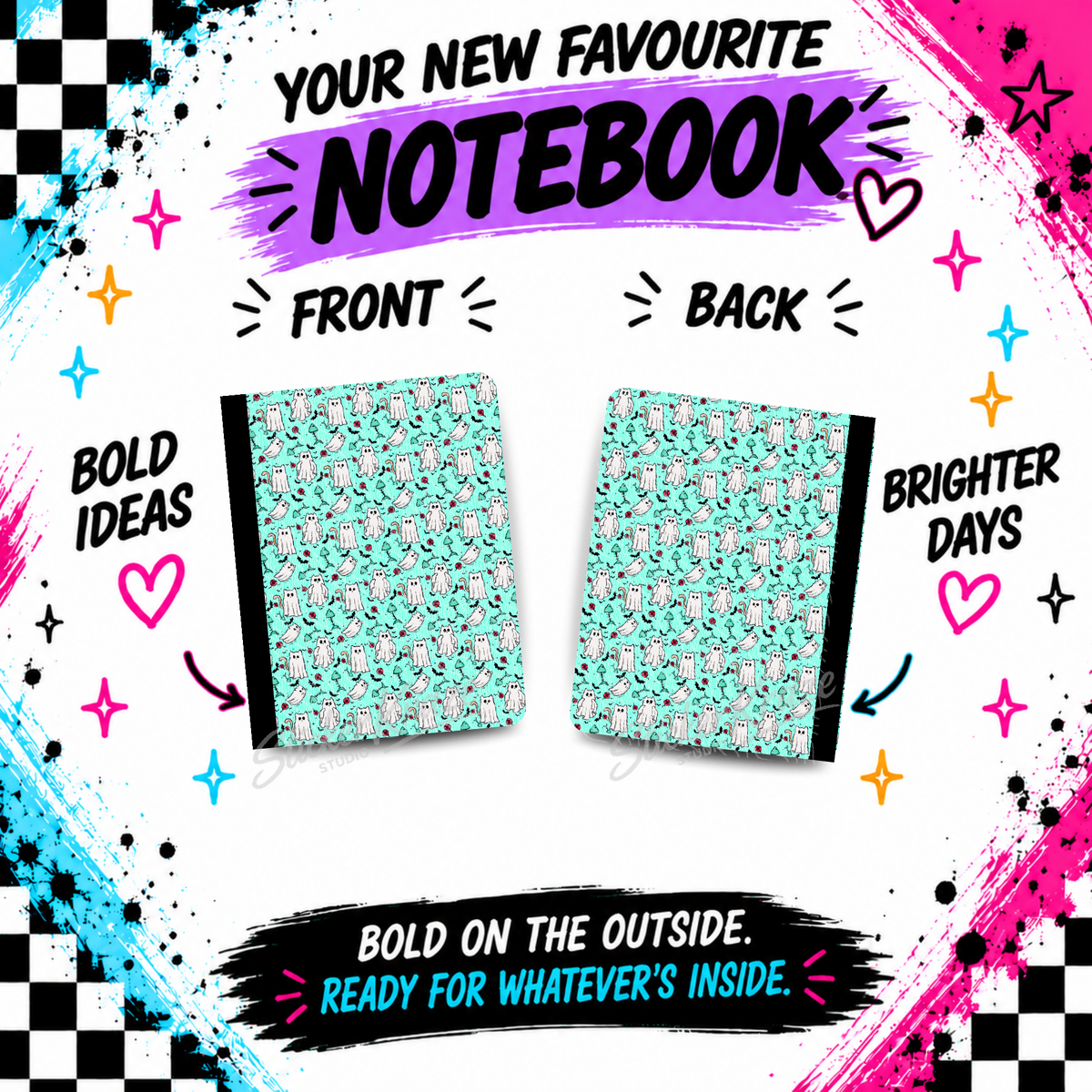 Mint Ghost Party composition notebook front and back covers featuring white ghosts, bats, mushrooms and red roses on mint.