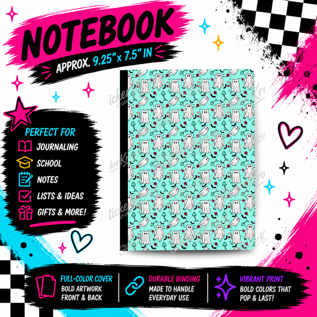 Mint Ghost Party composition notebook front cover featuring white ghosts, bats, mushrooms and red roses on mint.