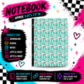 Mint Ghost Party composition notebook front cover featuring white ghosts, bats, mushrooms and red roses on mint.