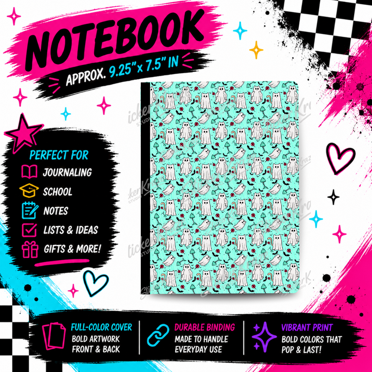 Mint Ghost Party composition notebook front cover featuring white ghosts, bats, mushrooms and red roses on mint.