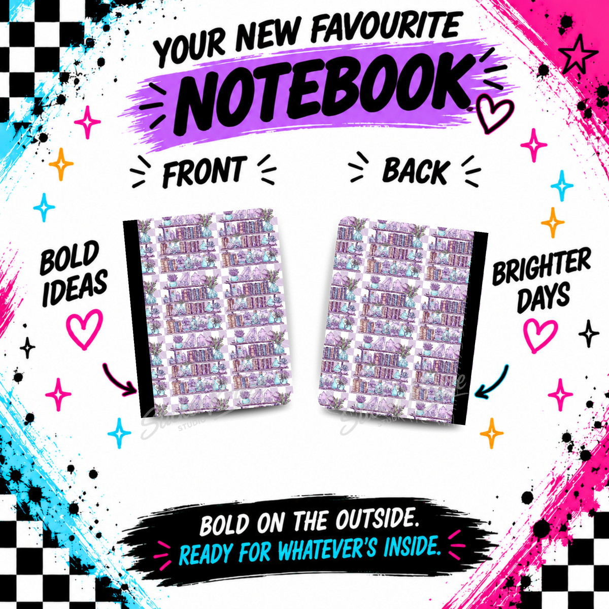 Lavender Bookshelf composition notebook front and back covers featuring rows of books, crystals and small plants in soft purple tones.