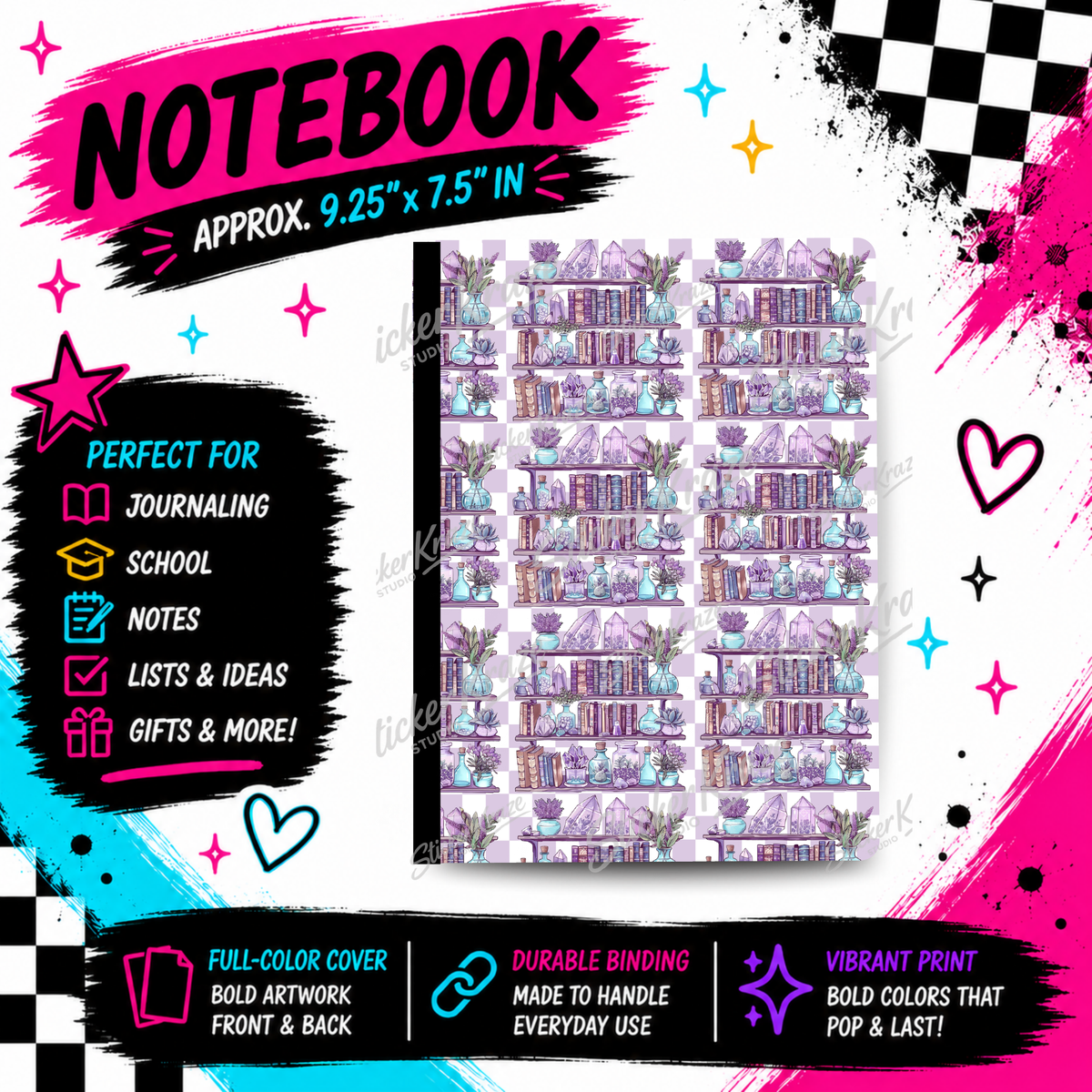Lavender Bookshelf composition notebook front cover featuring rows of books, crystals and small plants in soft purple tones.