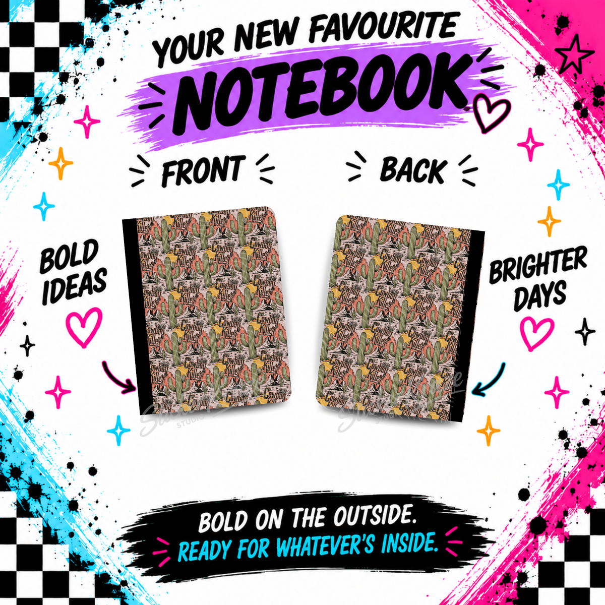 Cowboy Killer composition notebook front and back covers with vintage western cactus pattern
