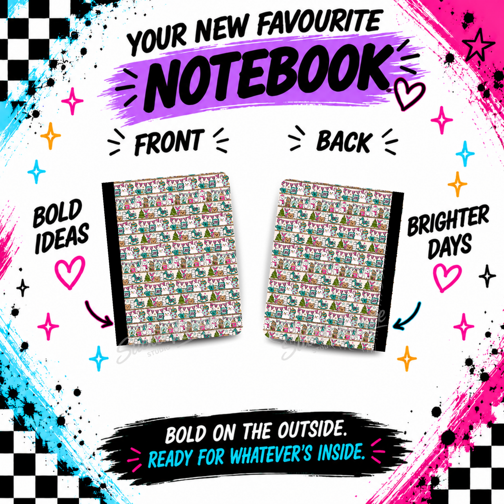 Merry Little Christmas composition notebook front and back covers featuring Christmas trees, gingerbread houses, presents, holiday treats and cheerful festive characters.