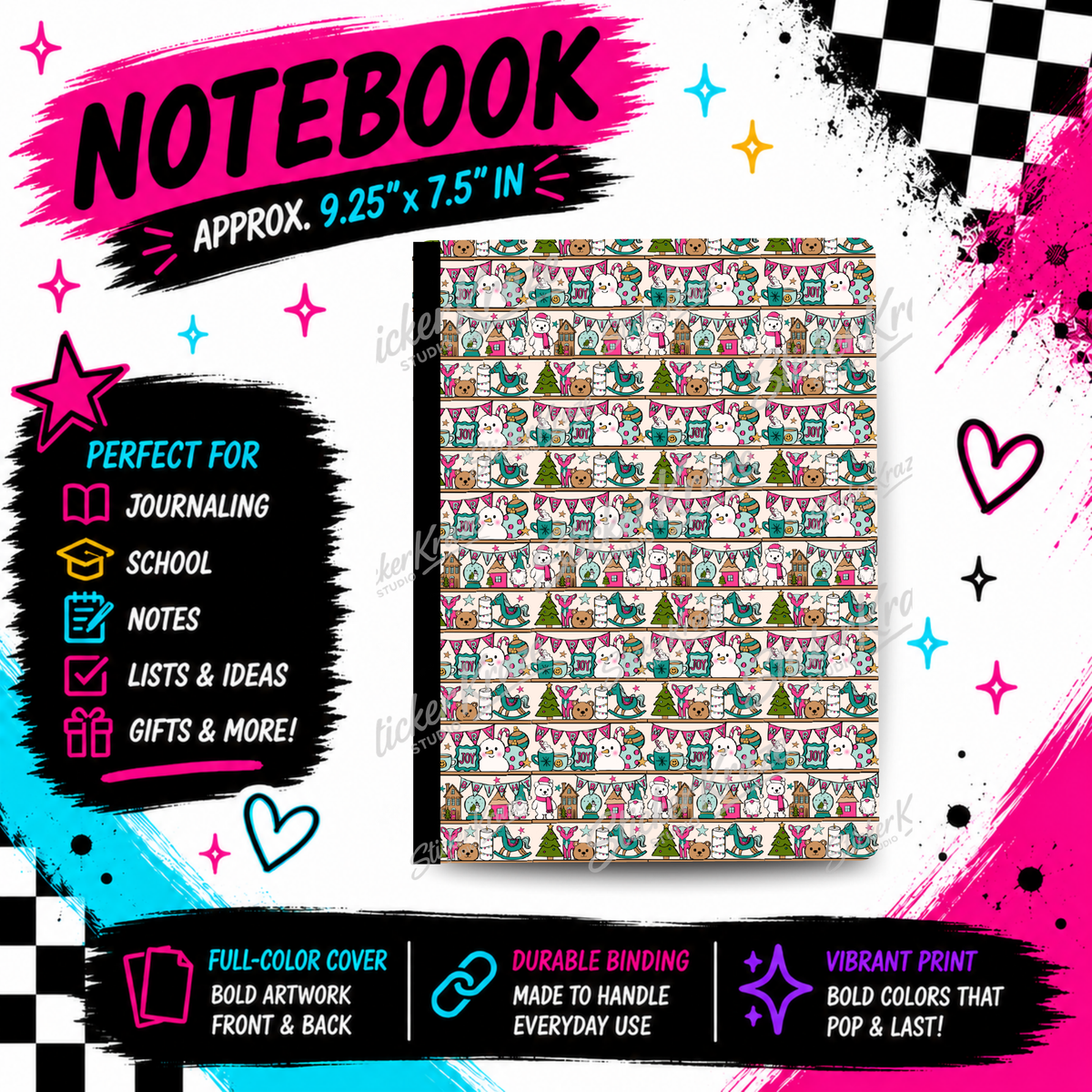 Merry Little Christmas composition notebook front cover featuring Christmas trees, gingerbread houses, presents, holiday treats and cheerful festive characters.