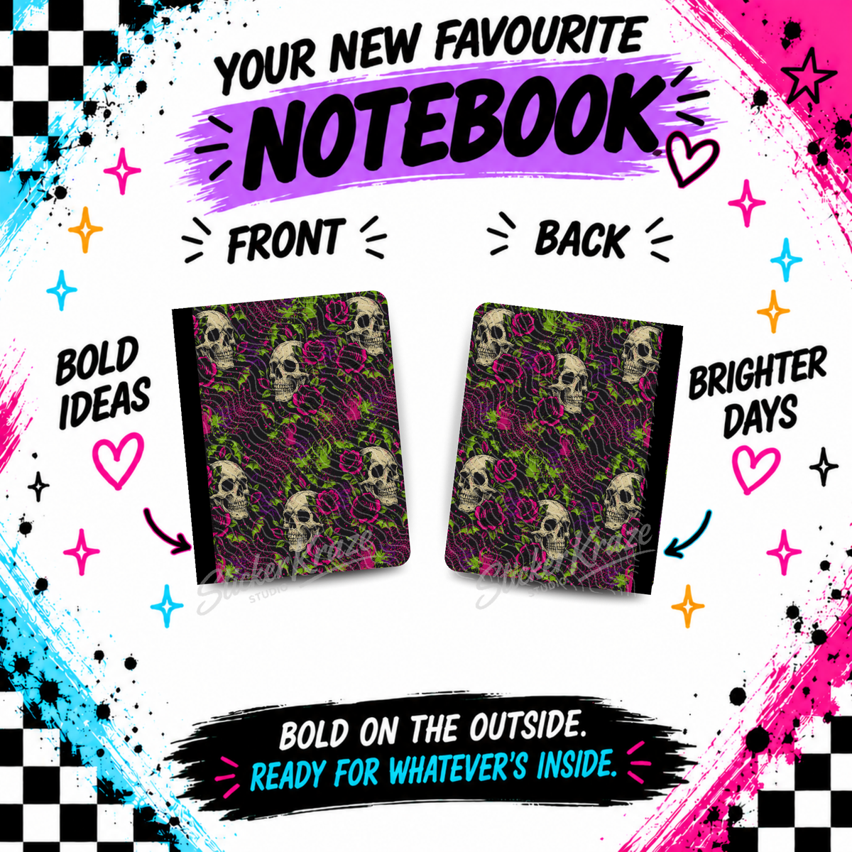 Midnight Skulls & Roses composition notebook front and back covers featuring skulls, pink roses, green leaves and web-like details on black.