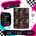 Midnight Skulls & Roses composition notebook front cover featuring skulls, pink roses, green leaves and web-like details on black.
