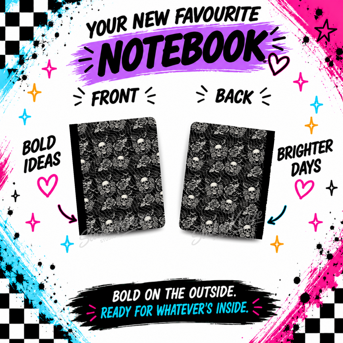 Black & White Skull Garden composition notebook front and back covers featuring skulls and layered roses in a monochrome all-over pattern.