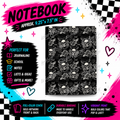 Black & White Skull Garden composition notebook front cover featuring skulls and layered roses in a monochrome all-over pattern.