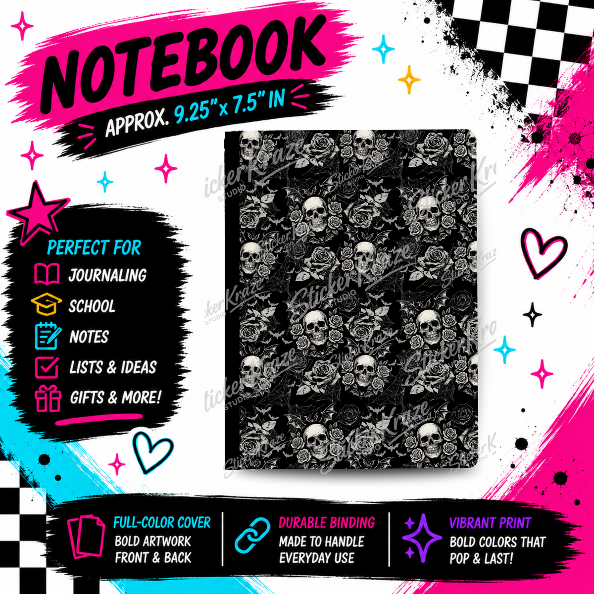 Black & White Skull Garden composition notebook front cover featuring skulls and layered roses in a monochrome all-over pattern.