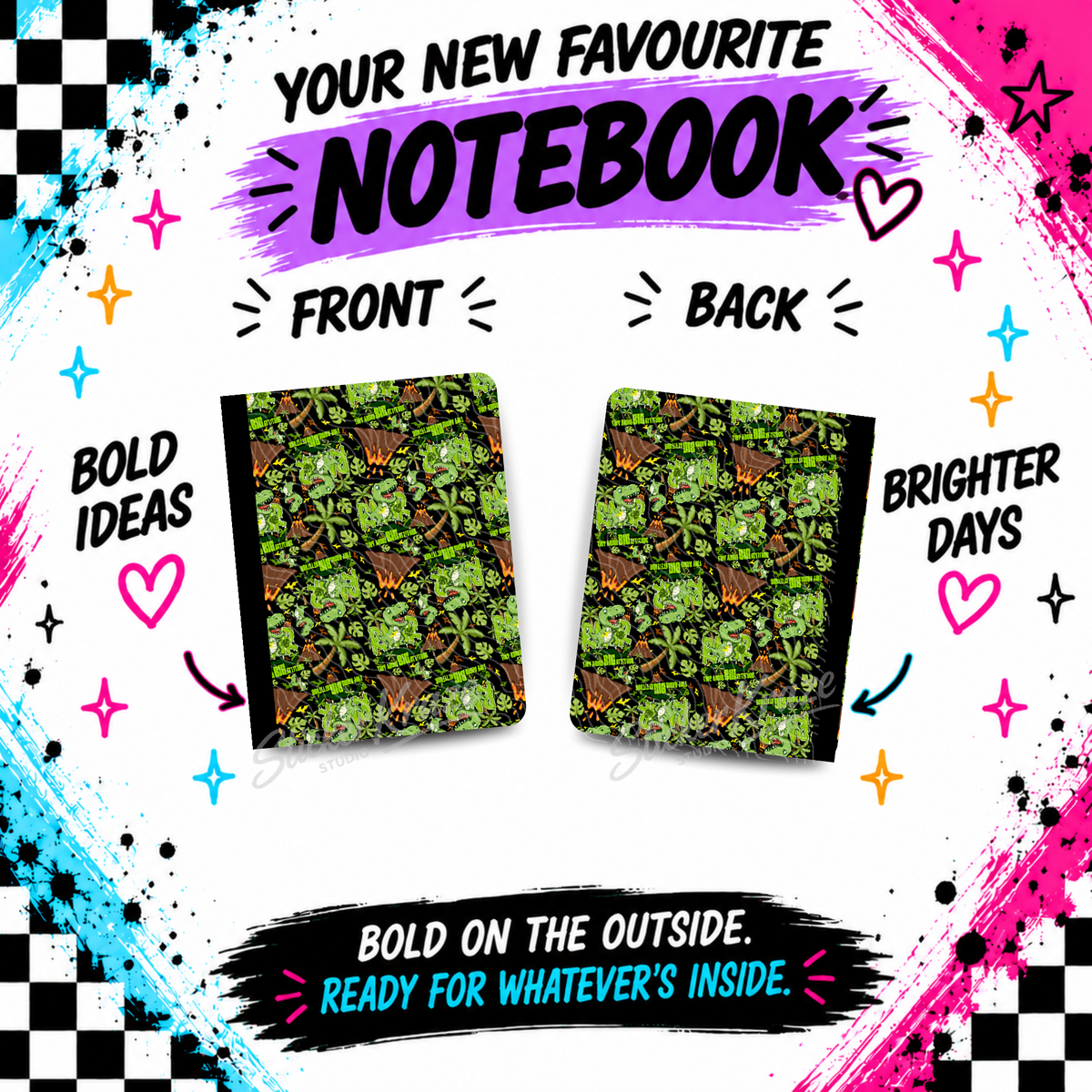 Reptar Roar composition notebook front and back covers featuring Reptar-inspired green dinosaurs, playful lettering and bold background colour, Black version (A).