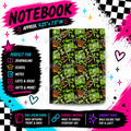 Reptar Roar composition notebook front cover featuring Reptar-inspired green dinosaurs, playful lettering and bold background colour, Black version (A).