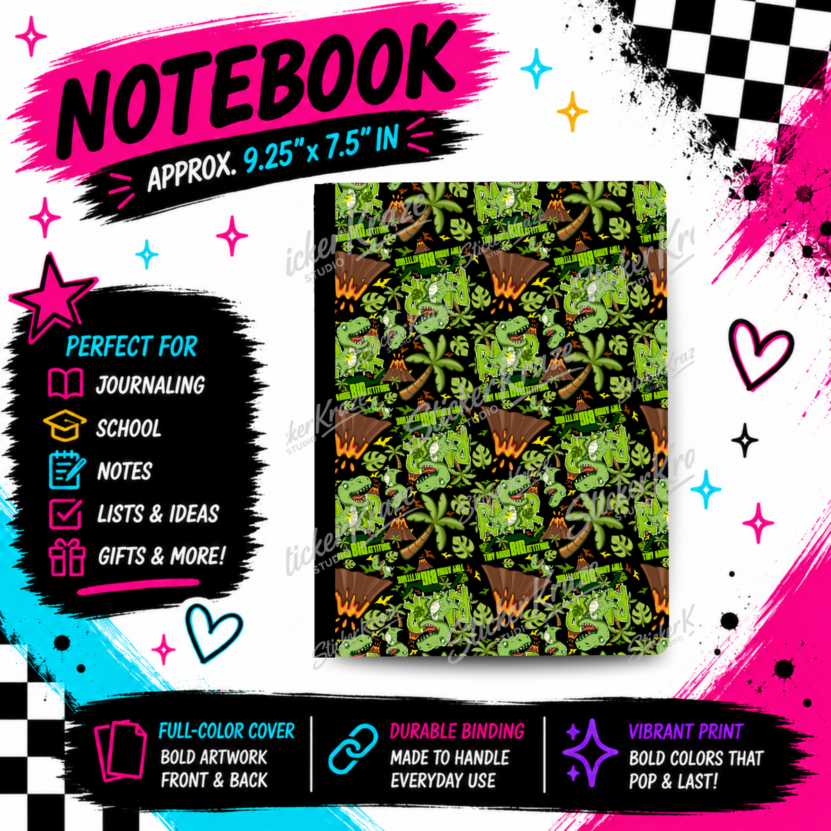 Reptar Roar composition notebook front cover featuring Reptar-inspired green dinosaurs, playful lettering and bold background colour, Black version (A).