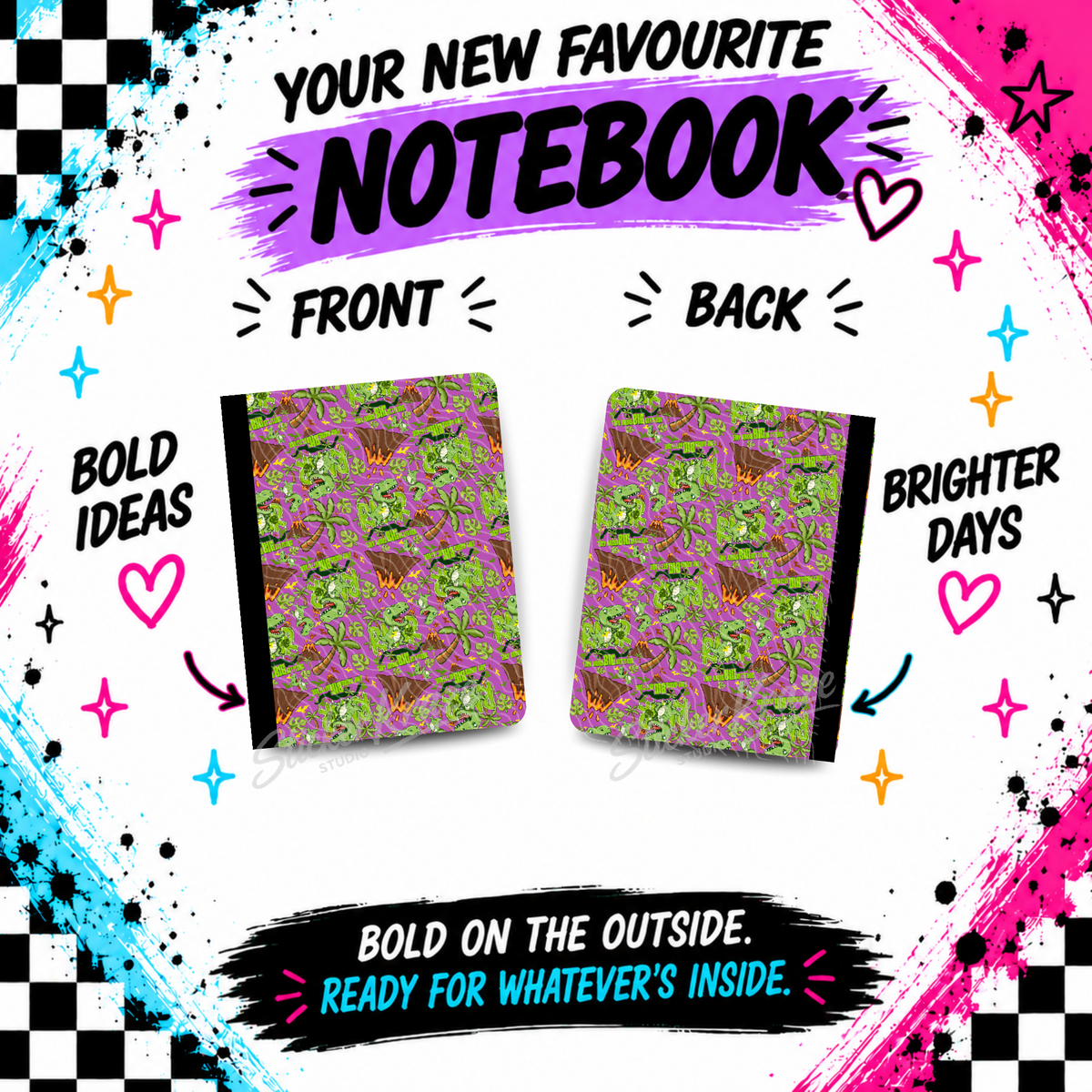 Reptar Roar composition notebook front and back covers featuring Reptar-inspired green dinosaurs, playful lettering and bold background colour, Purple version (B).