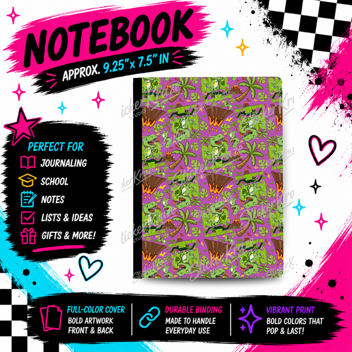 Reptar Roar composition notebook front cover featuring Reptar-inspired green dinosaurs, playful lettering and bold background colour, Purple version (B).