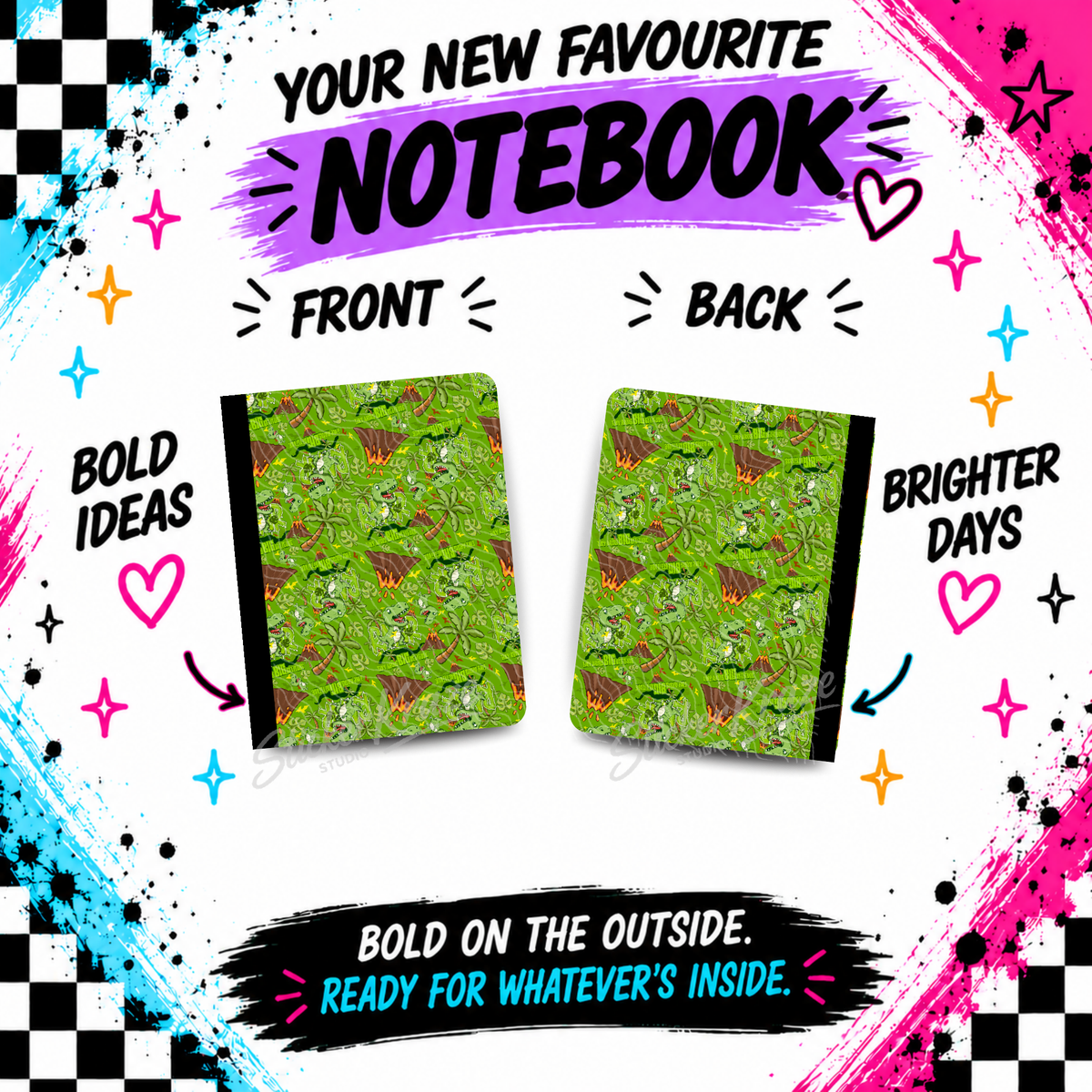 Reptar Roar composition notebook front and back covers featuring Reptar-inspired green dinosaurs, playful lettering and bold background colour, Green version (C).
