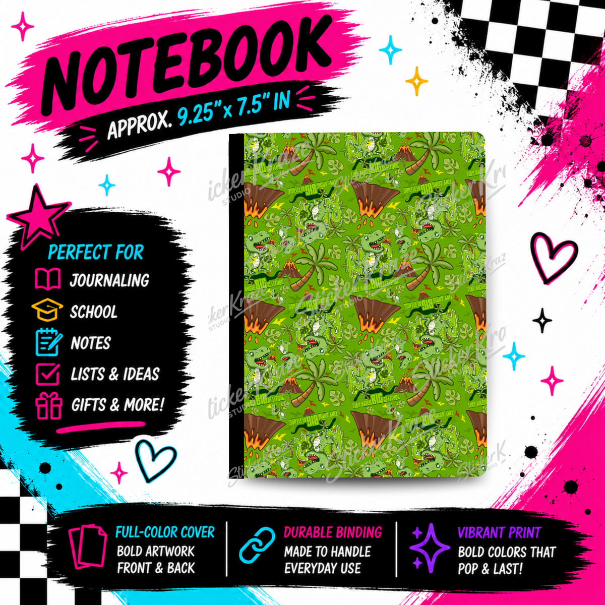 Reptar Roar composition notebook front cover featuring Reptar-inspired green dinosaurs, playful lettering and bold background colour, Green version (C).