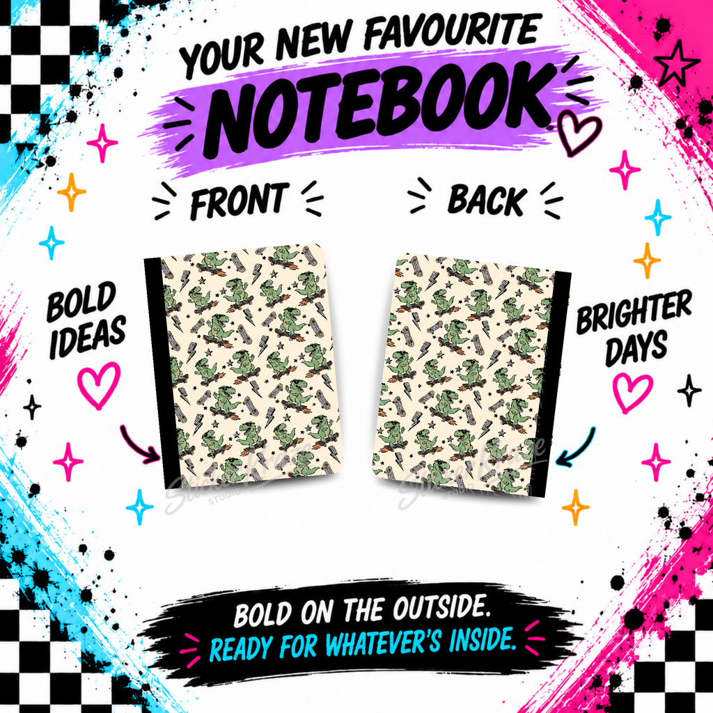 Skateboard Dinosaur composition notebook front and back covers featuring green dinosaurs in sunglasses riding skateboards, checkerboard lightning bolts and stars.