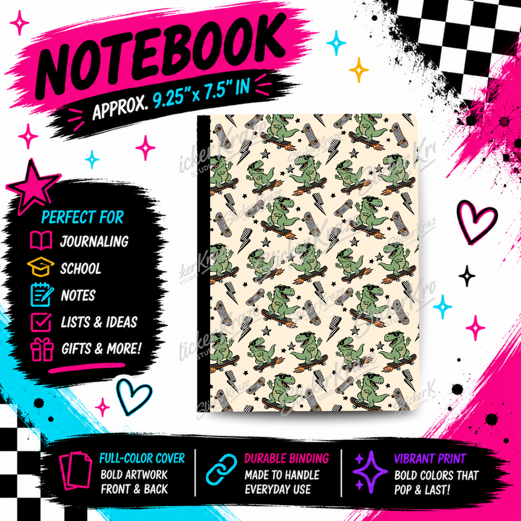 Skateboard Dinosaur composition notebook front cover featuring green dinosaurs in sunglasses riding skateboards, checkerboard lightning bolts and stars.