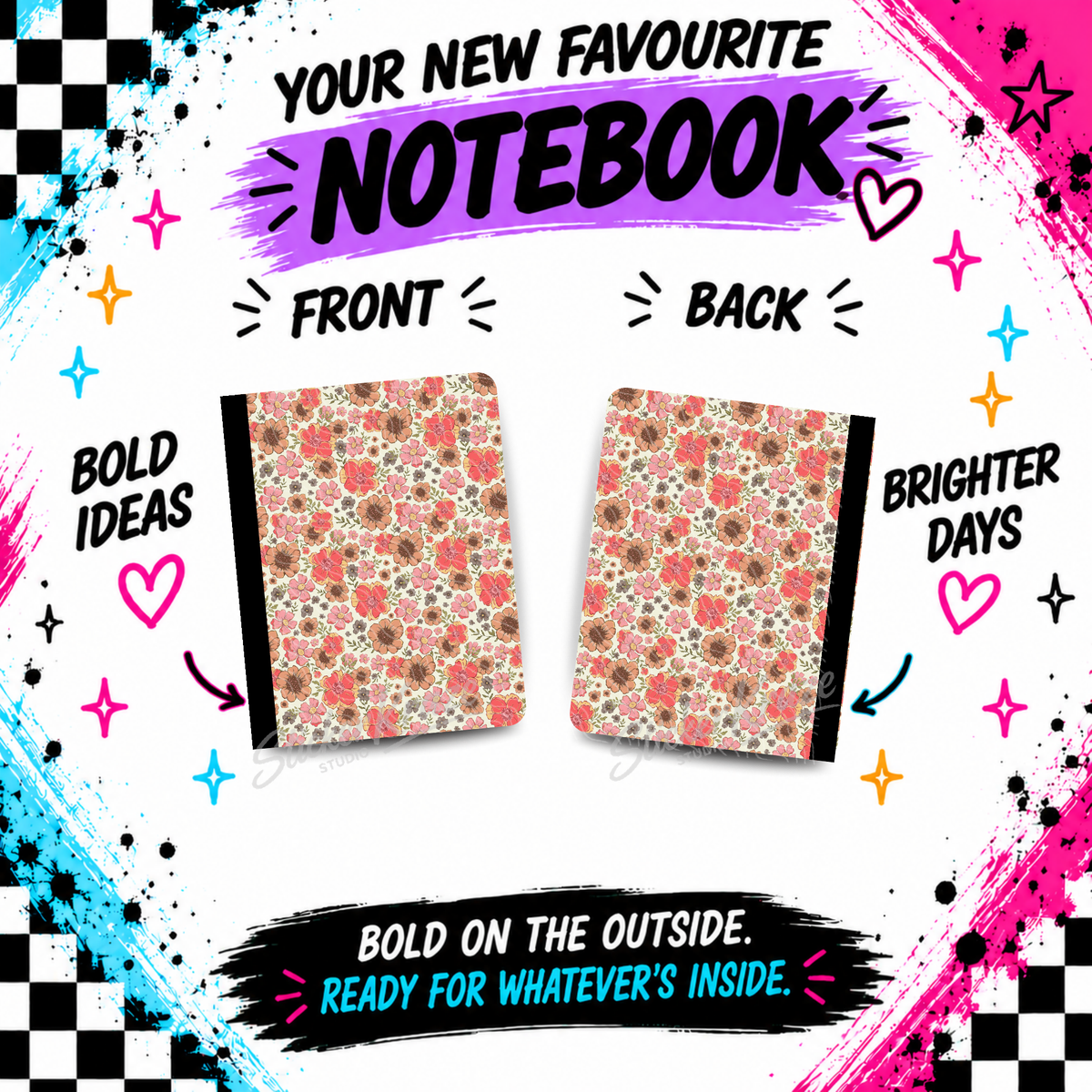 Golden Hour Florals composition notebook front and back covers featuring layered flowers and leaves in muted coral, mustard, brown and cream.