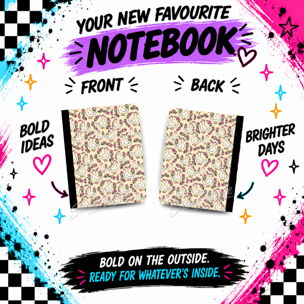 Goose & Blooms composition notebook front and back covers featuring white geese with pink and purple flowers on cream.