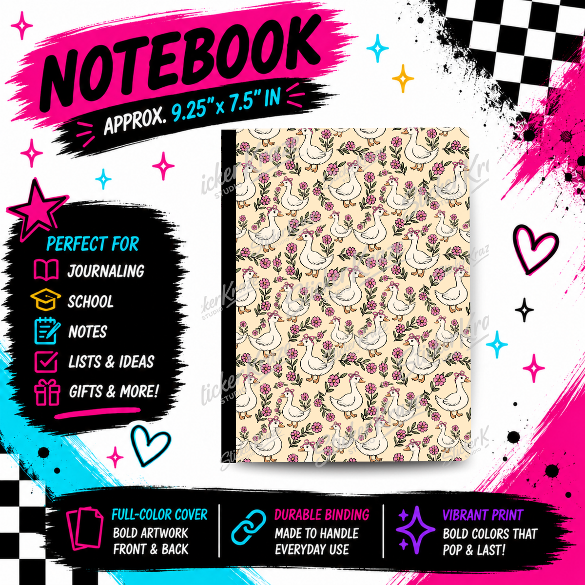 Goose & Blooms composition notebook front cover featuring white geese with pink and purple flowers on cream.