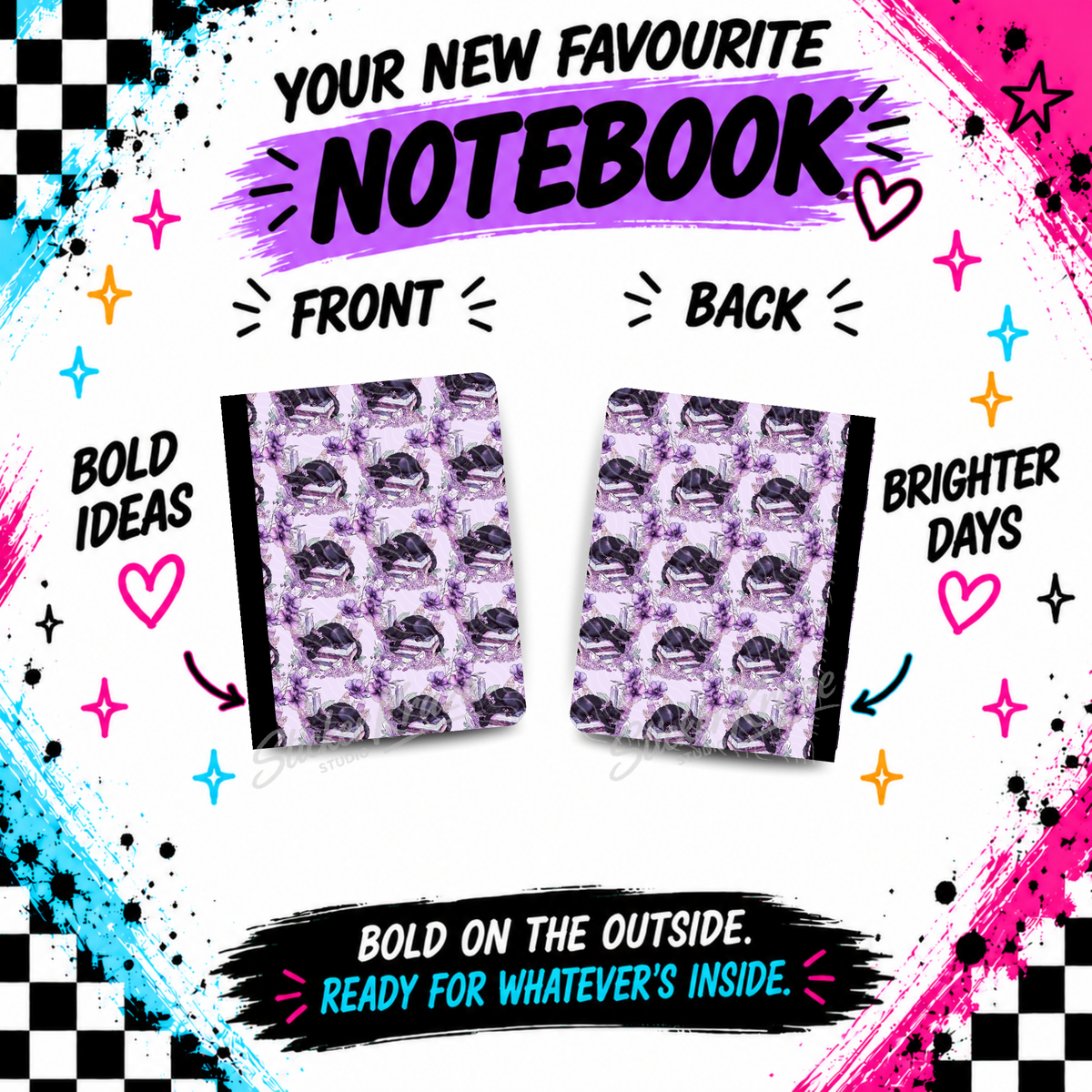 Lavender Cat Coven composition notebook front and back covers featuring black cats, books and witchy details against a soft lavender pattern.