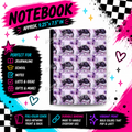 Lavender Cat Coven composition notebook front cover featuring black cats, books and witchy details against a soft lavender pattern.