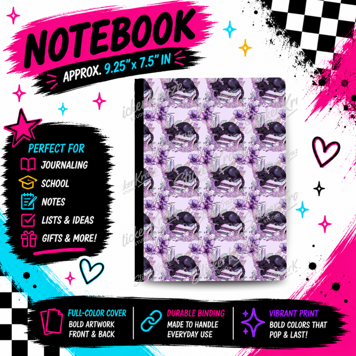 Lavender Cat Coven composition notebook front cover featuring black cats, books and witchy details against a soft lavender pattern.