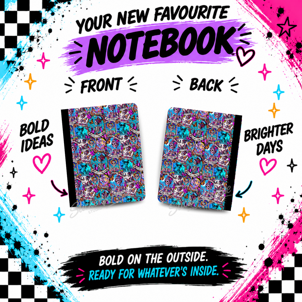 Neon Skeleton Ride composition notebook front and back covers featuring neon skeletons, skulls, roses, hearts and ride-inspired lettering in a packed gothic collage.