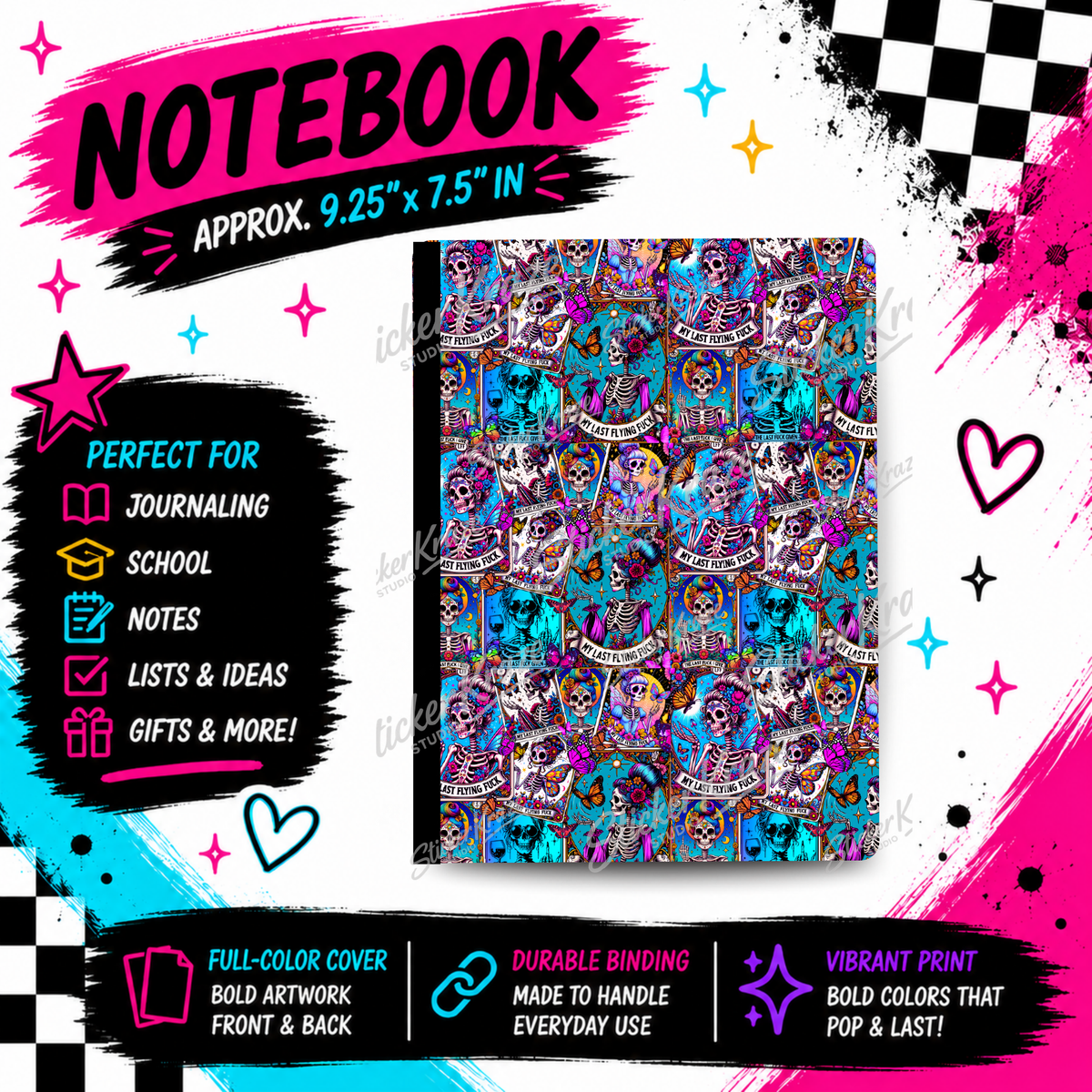 Neon Skeleton Ride composition notebook front cover featuring neon skeletons, skulls, roses, hearts and ride-inspired lettering in a packed gothic collage.
