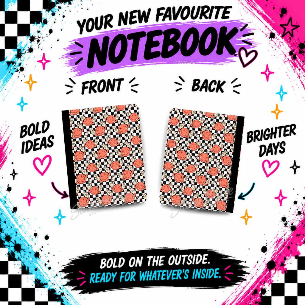 Front and back of Peace Out Checkerboard composition notebook with retro smiley face and peace sign pattern