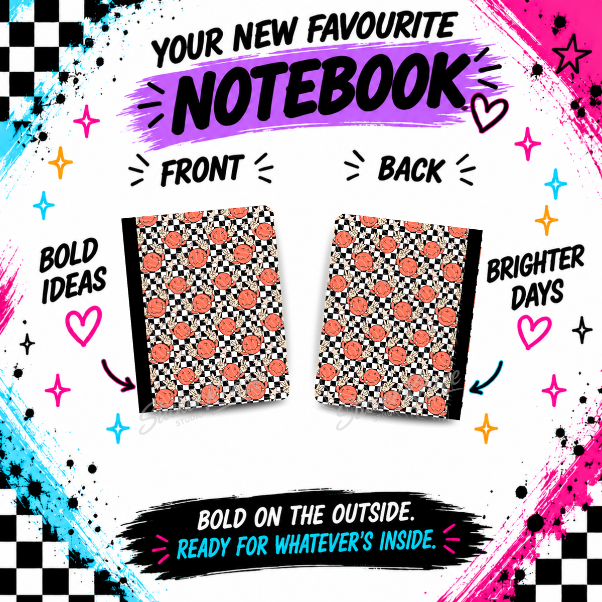 Front and back of Peace Out Checkerboard composition notebook with retro smiley face and peace sign pattern