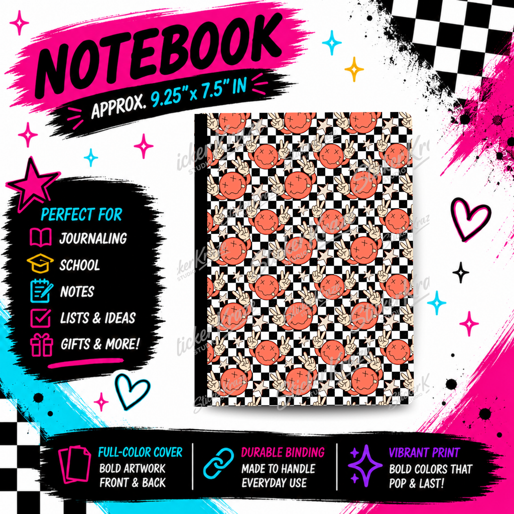 Peace Out Checkerboard composition notebook with orange smiley faces, peace signs and black and white checkerboard pattern