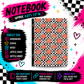 Peace Out Checkerboard composition notebook with orange smiley faces, peace signs and black and white checkerboard pattern
