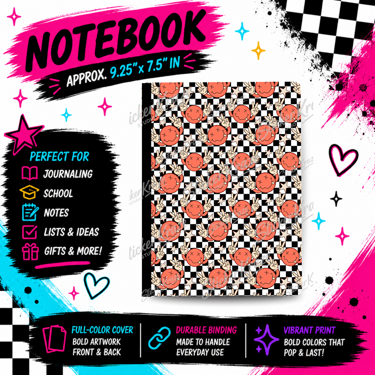 Peace Out Checkerboard composition notebook with orange smiley faces, peace signs and black and white checkerboard pattern