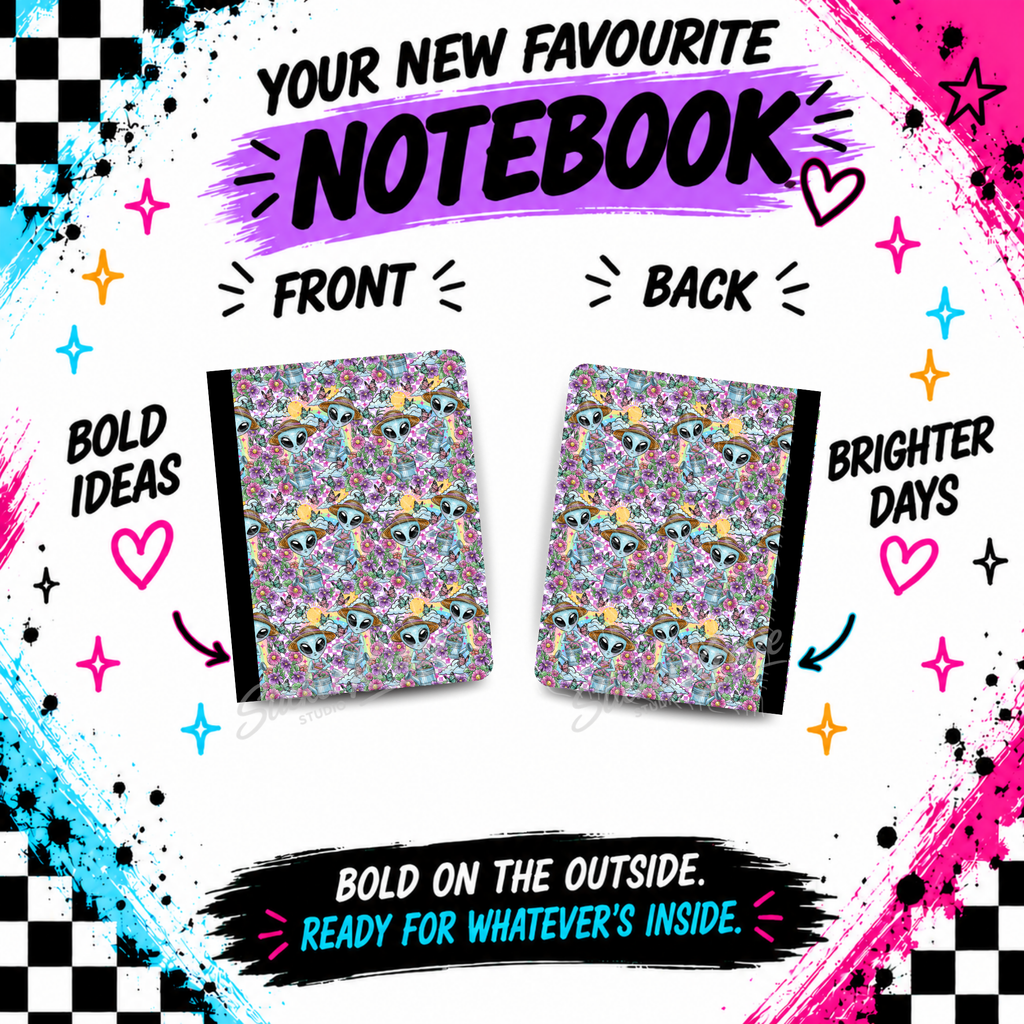 Front and back of Cosmic Garden Alien composition notebook with colourful aliens, flowers, butterflies and rainbows