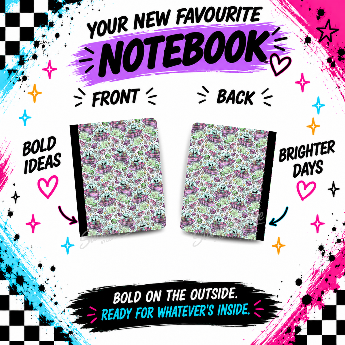 Front and back of Out of This World Alien mint composition notebook with colourful UFO and space pattern