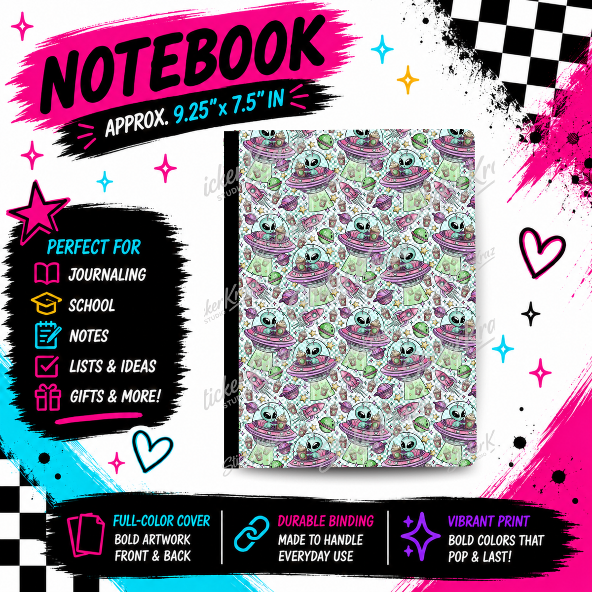 Out of This World Alien mint composition notebook with cute aliens, pink UFOs, rockets and planets