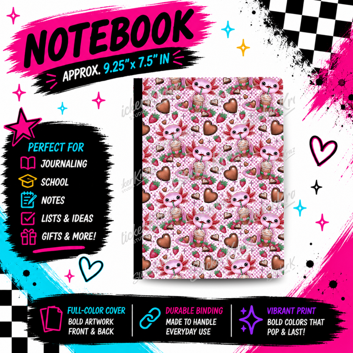 Strawberry Sweetheart Axolotl pink composition notebook with strawberries, chocolate hearts and cute axolotl pattern
