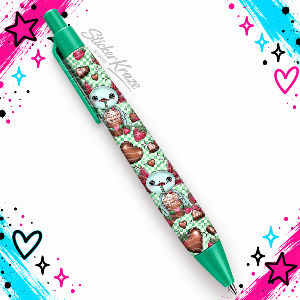 Strawberry Sweetheart Axolotl Pen with strawberries, chocolate hearts and axolotls on a green checkerboard wrap
