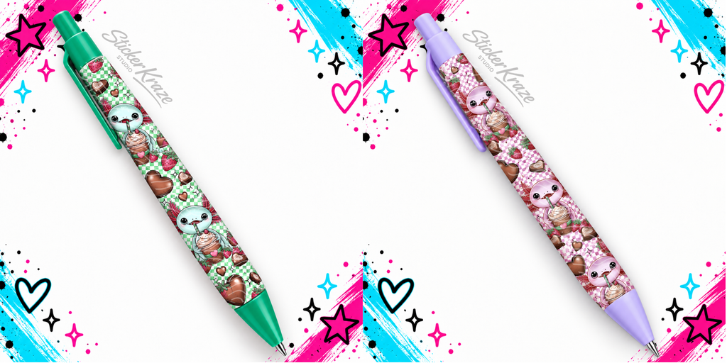 Strawberry Sweetheart Axolotl Pen shown with green and pink checkerboard wrap options