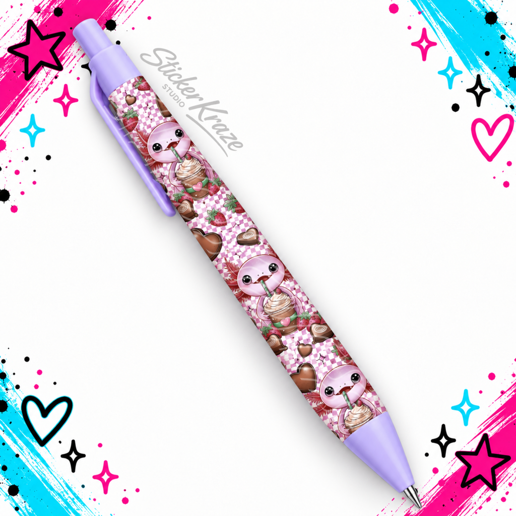 Strawberry Sweetheart Axolotl Pen with strawberries, chocolate hearts and axolotls on a pink checkerboard wrap