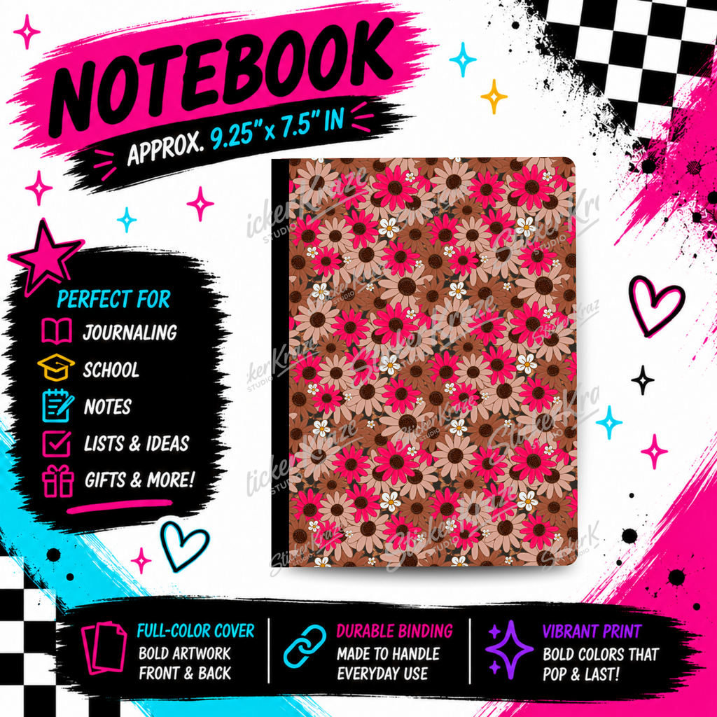 Wildflower Pop Composition Notebook with hot pink, brown, beige and white retro floral cover