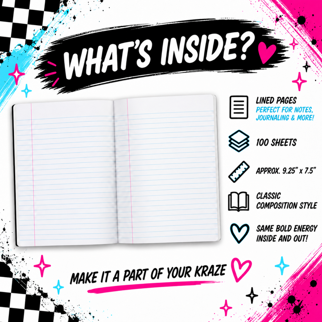 Inside view of Wildflower Pop Composition Notebook showing lined pages, 100 sheets and approximately 9.25 by 7.5 inch size