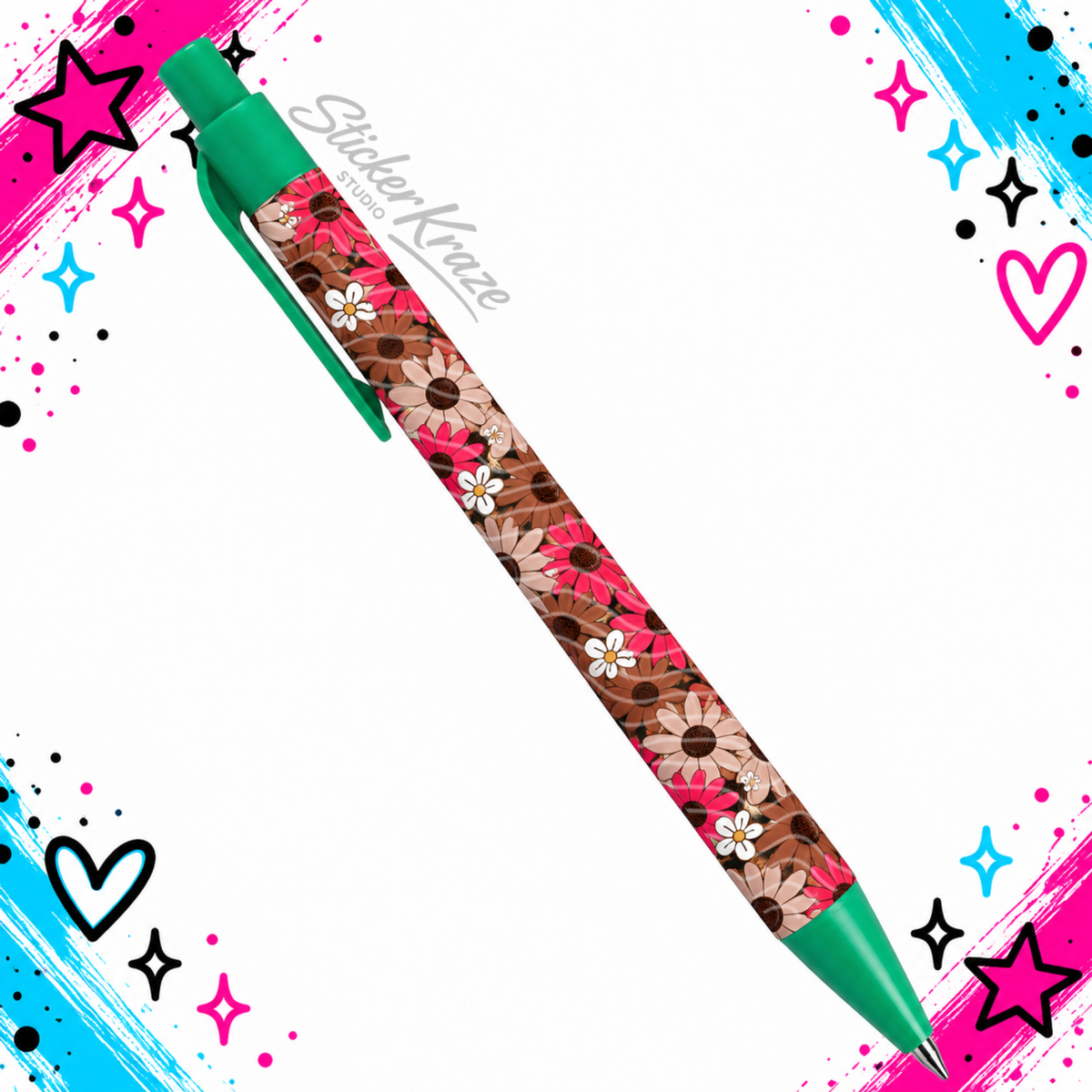Wildflower Pop Pen with pink, brown, beige and white floral pattern shown on a green click pen